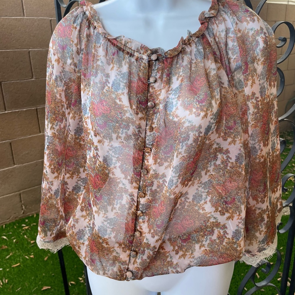 Buffalo David Bitton Sheer Blouse Off shoulder Boho Button Up Peasant Blouse M